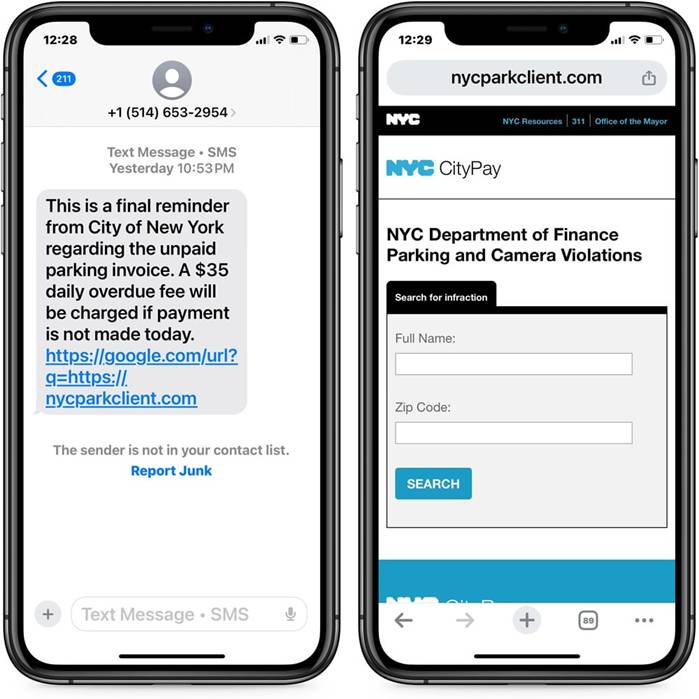 Captura de pantalla de un mensaje de smishing recibido por residentes de EE.UU., donde se informa de una supuesta multa de estacionamiento impaga con una penalización diaria de 35 dólares. El mensaje incluye un enlace fraudulento que redirige a un sitio de phishing imitando el portal oficial de estacionamiento de la ciudad. Ejemplo de una estafa de smishing activa en ciudades como Nueva York, Boston y San Francisco.